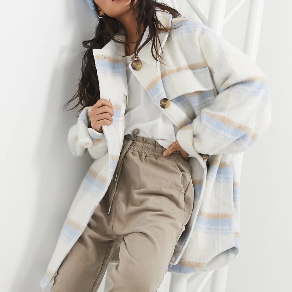 ASOS DESIGN Petite brushed check jacket in baby blue size 2